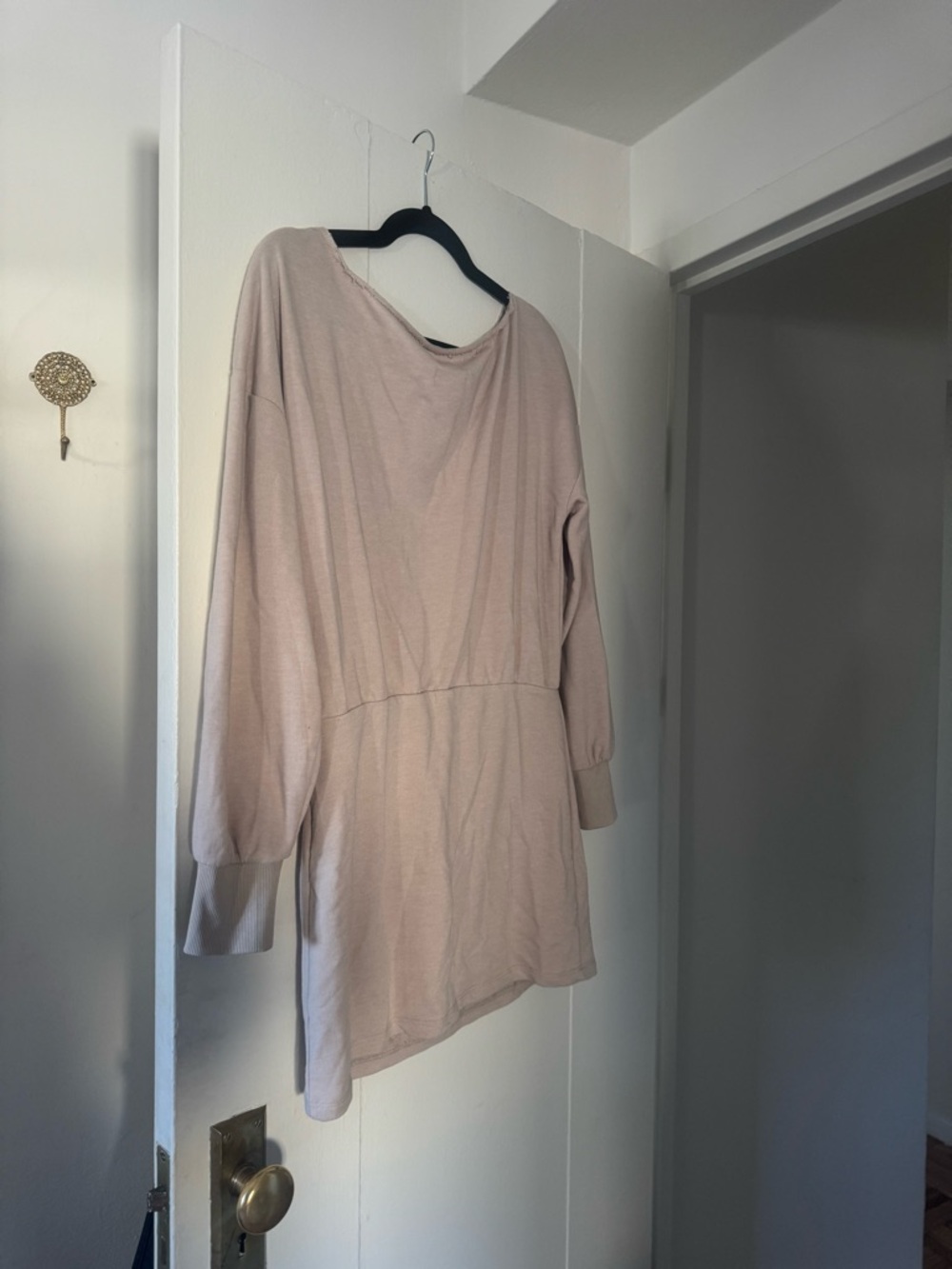 Long Sleeve Crewneck Tunic Dress in Light Beige
